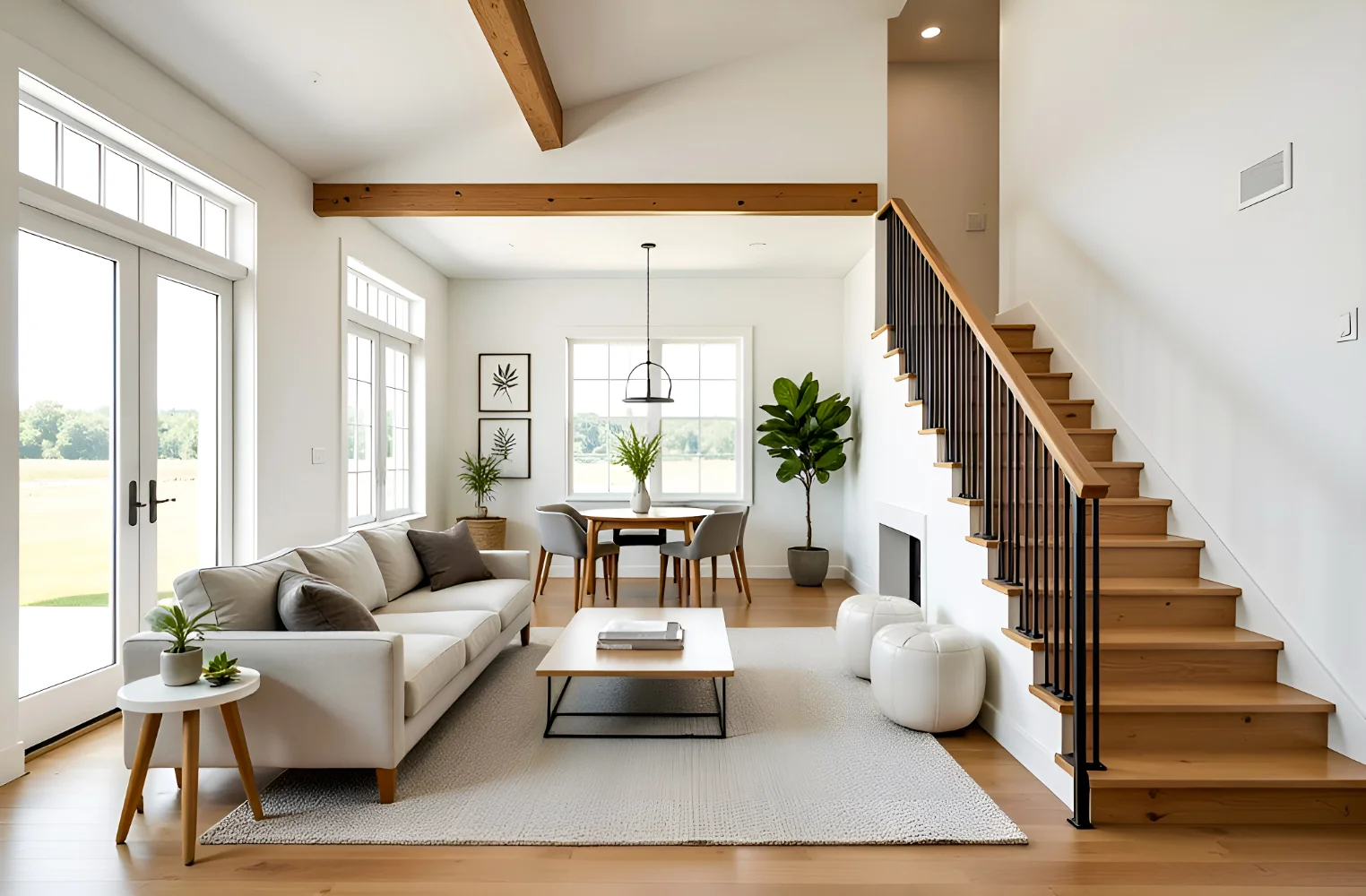 Country house home interior design of modern living room with wooden staircase