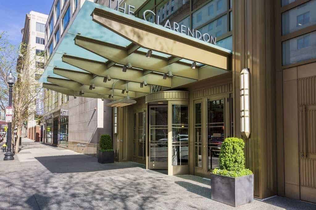 The Clarendon entrance canopy and revolving door