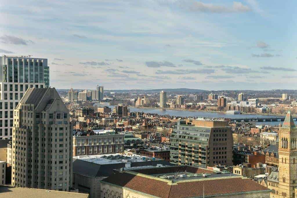 Elevated view over Back Bay rooftops to the Charles River