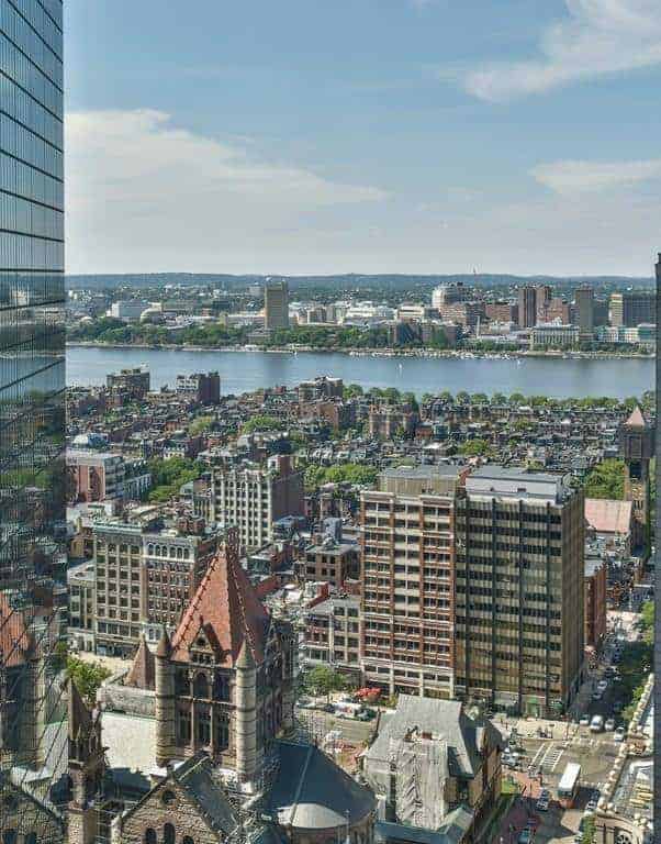 Back Bay brownstones and the Charles River from an upper floor