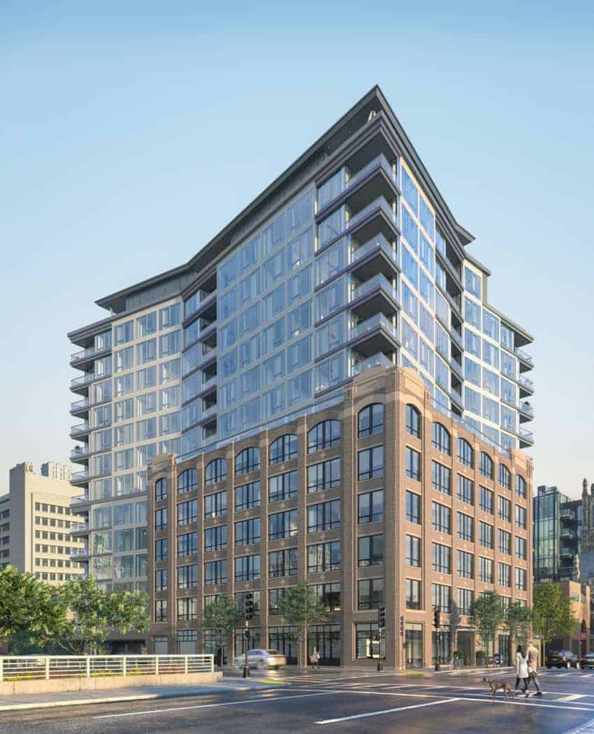 100 Shawmut Avenue glass tower above its restored brick warehouse base