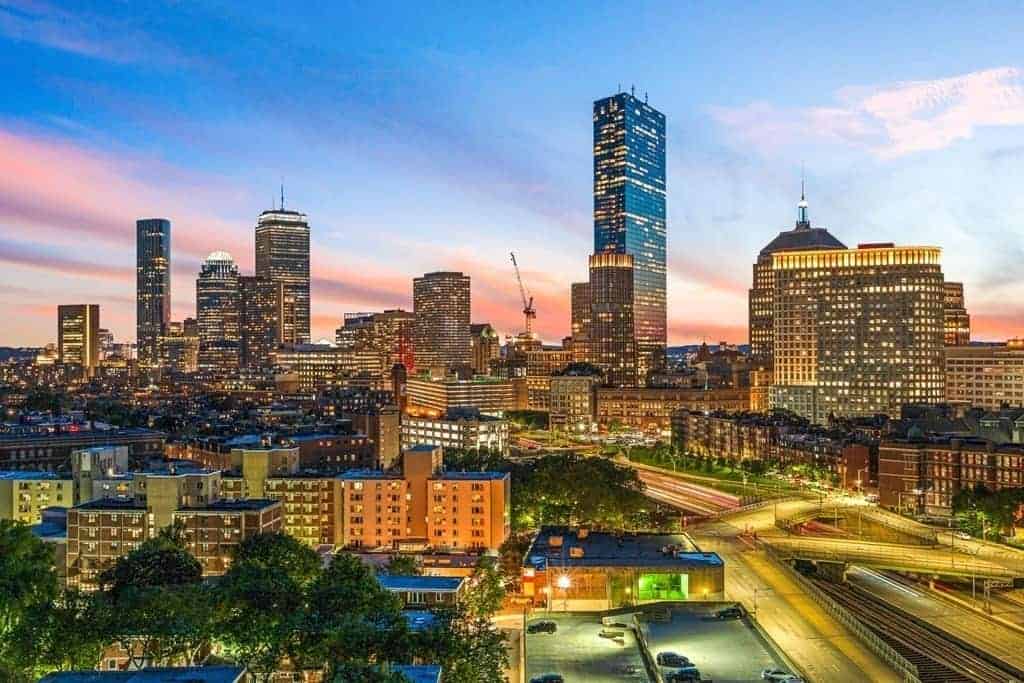 The Boston skyline at dusk seen from 100 Shawmut Avenue
