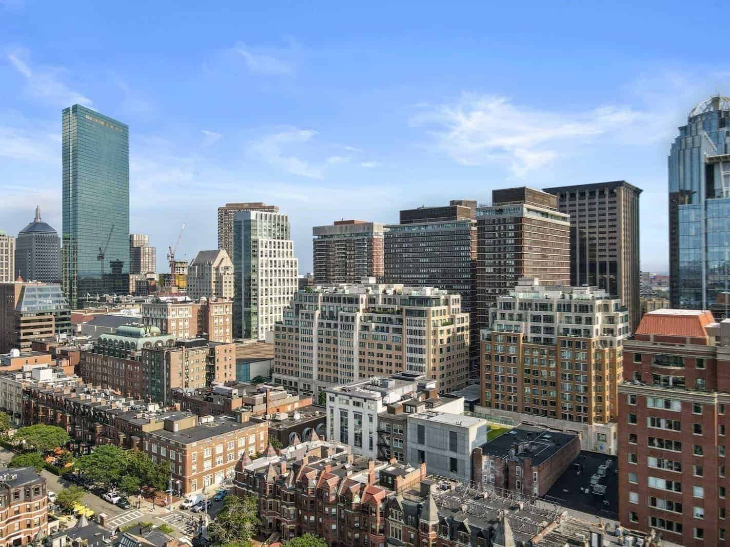 View over Back Bay rooftops toward the Hancock Tower from 45 Province