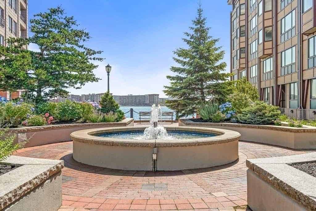 Fountain courtyard at Burroughs Wharf overlooking the harbour