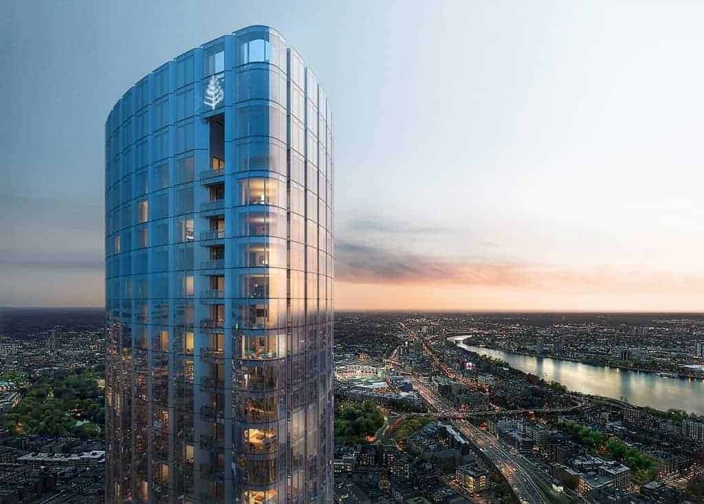 One Dalton curved glass tower above Boston at dusk