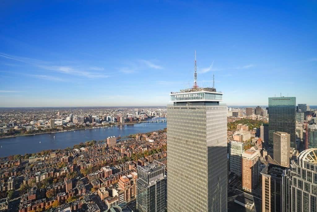 Aerial view over the Prudential Tower and the Charles River
