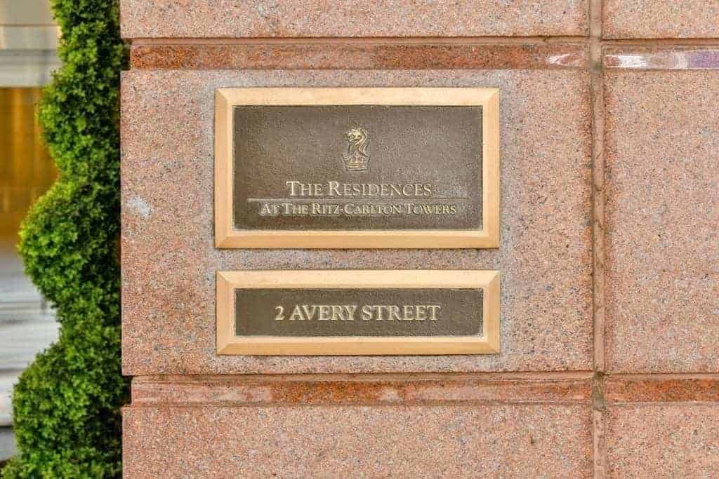 The Residences at the Ritz-Carlton Towers plaque at 2 Avery Street