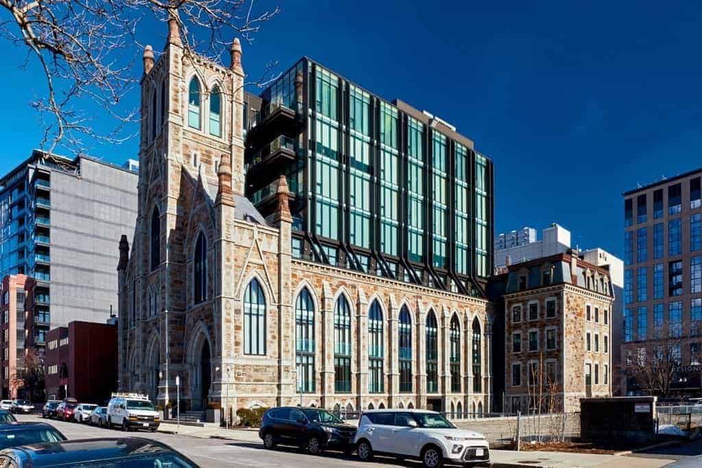 The Lucas, a converted Gothic church with a glass addition above