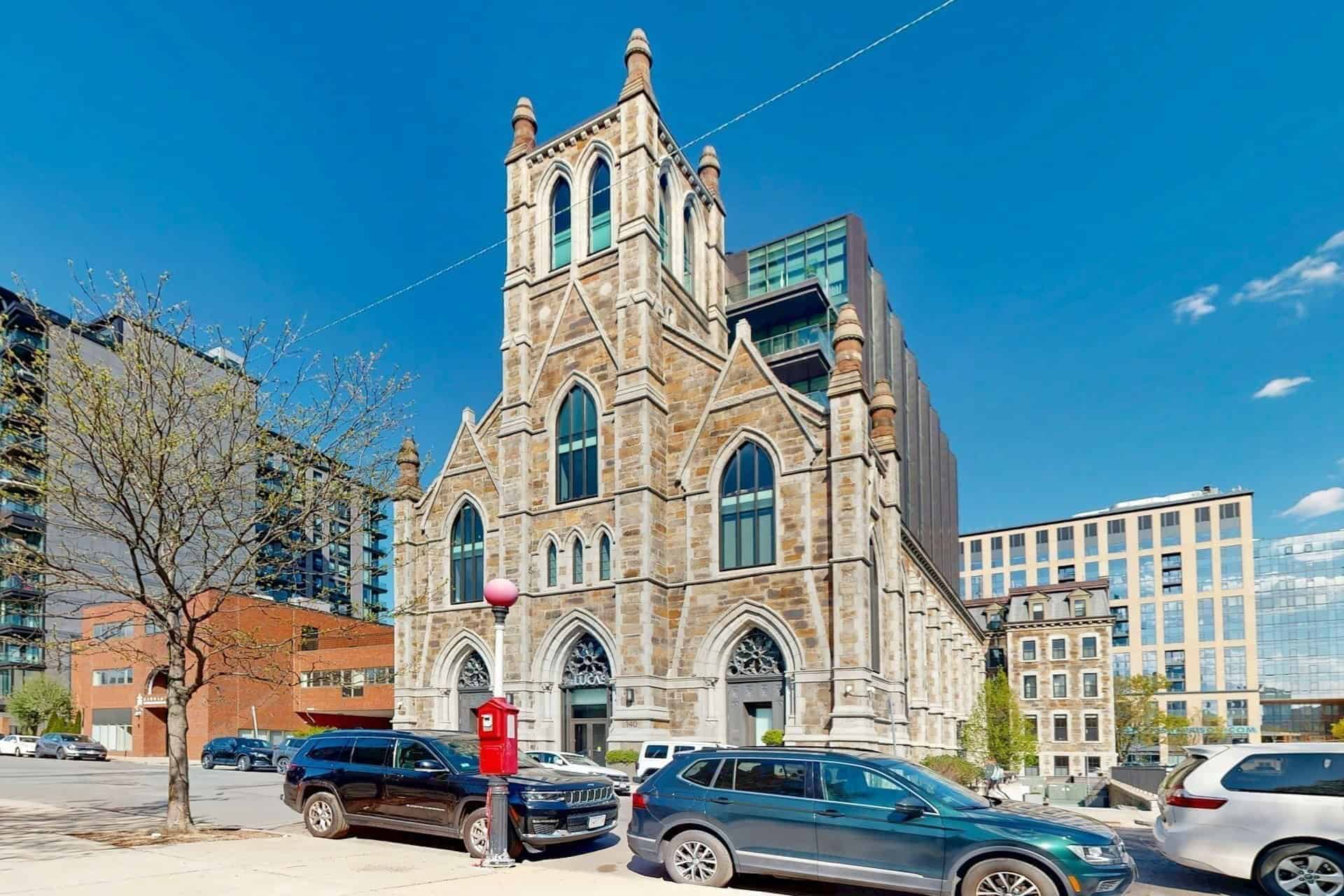 The Lucas church facade with its glass penthouse addition