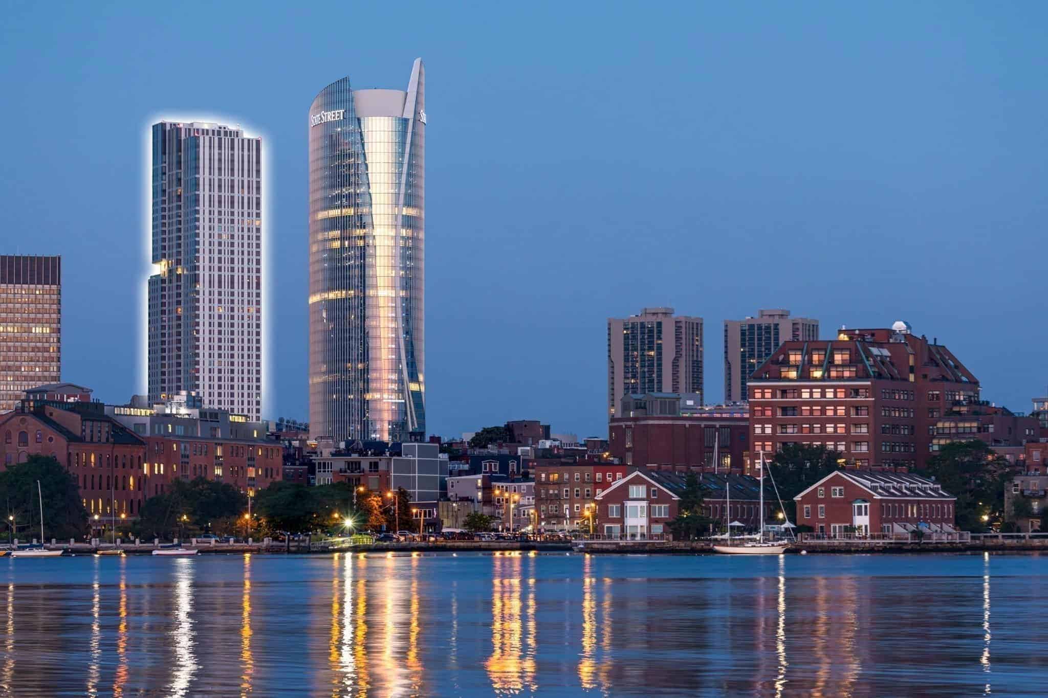 The Sudbury on the Boston skyline at dusk seen from the harbour