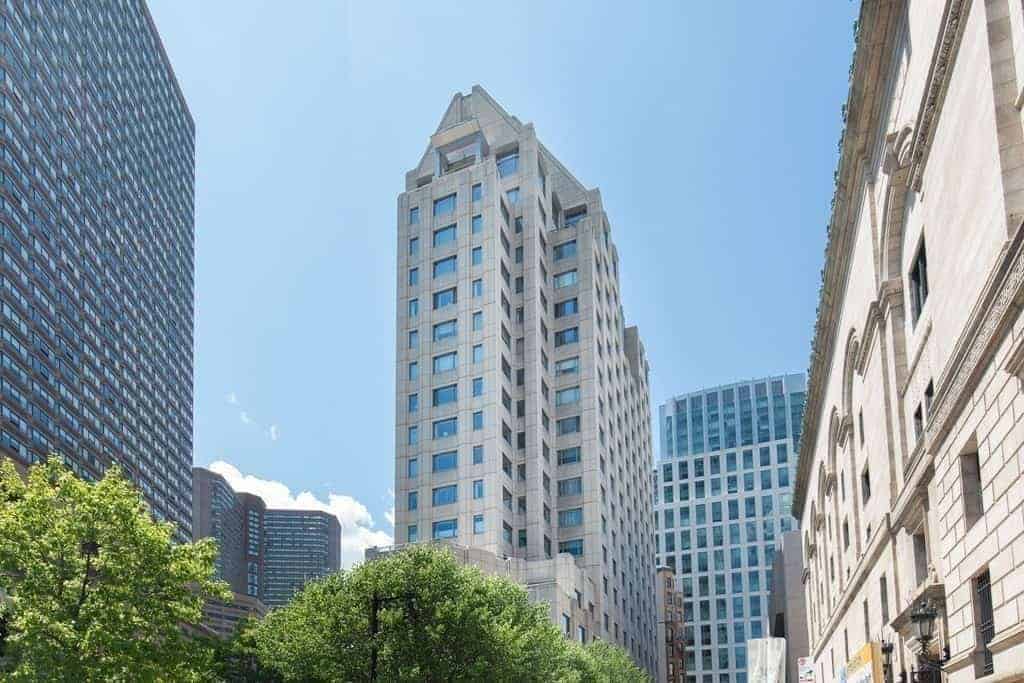 Trinity Place stepped limestone tower beside the Boston Public Library
