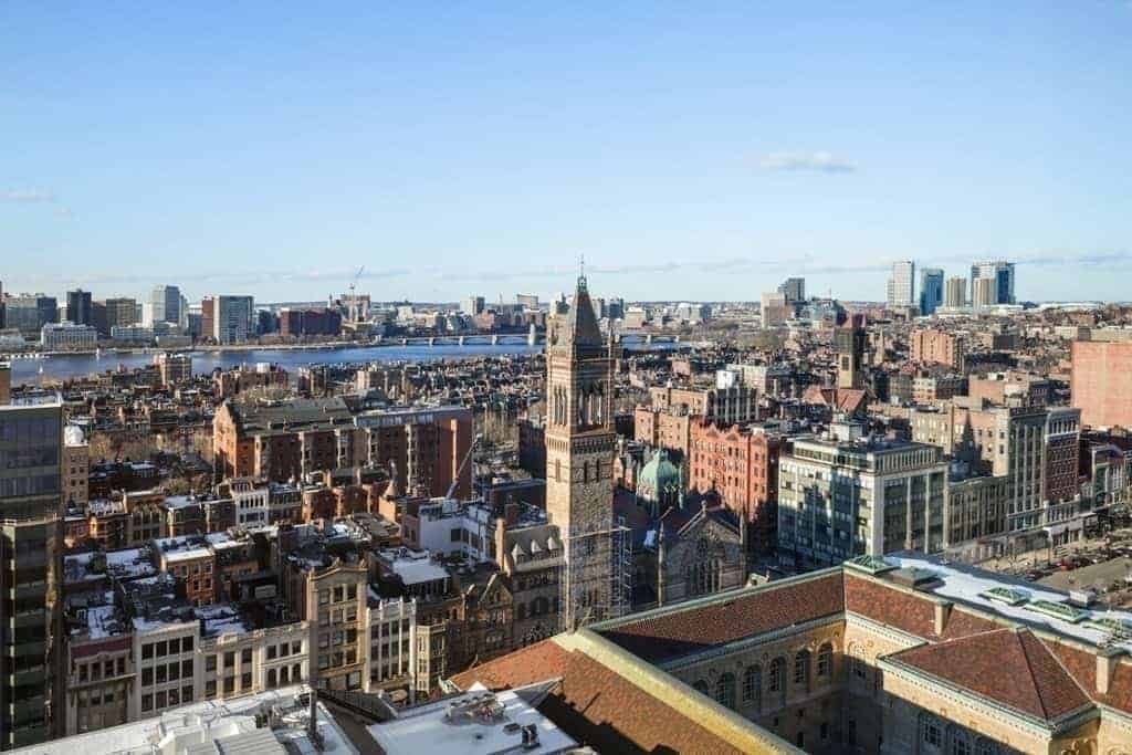 View over Back Bay rooftops and Old South Church from Trinity Place
