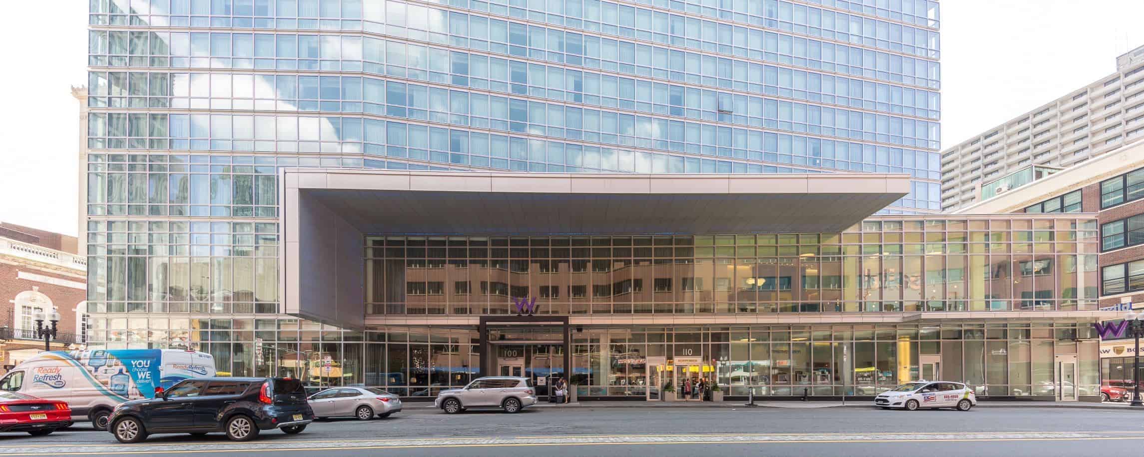 The W Boston entrance canopy and glazed podium