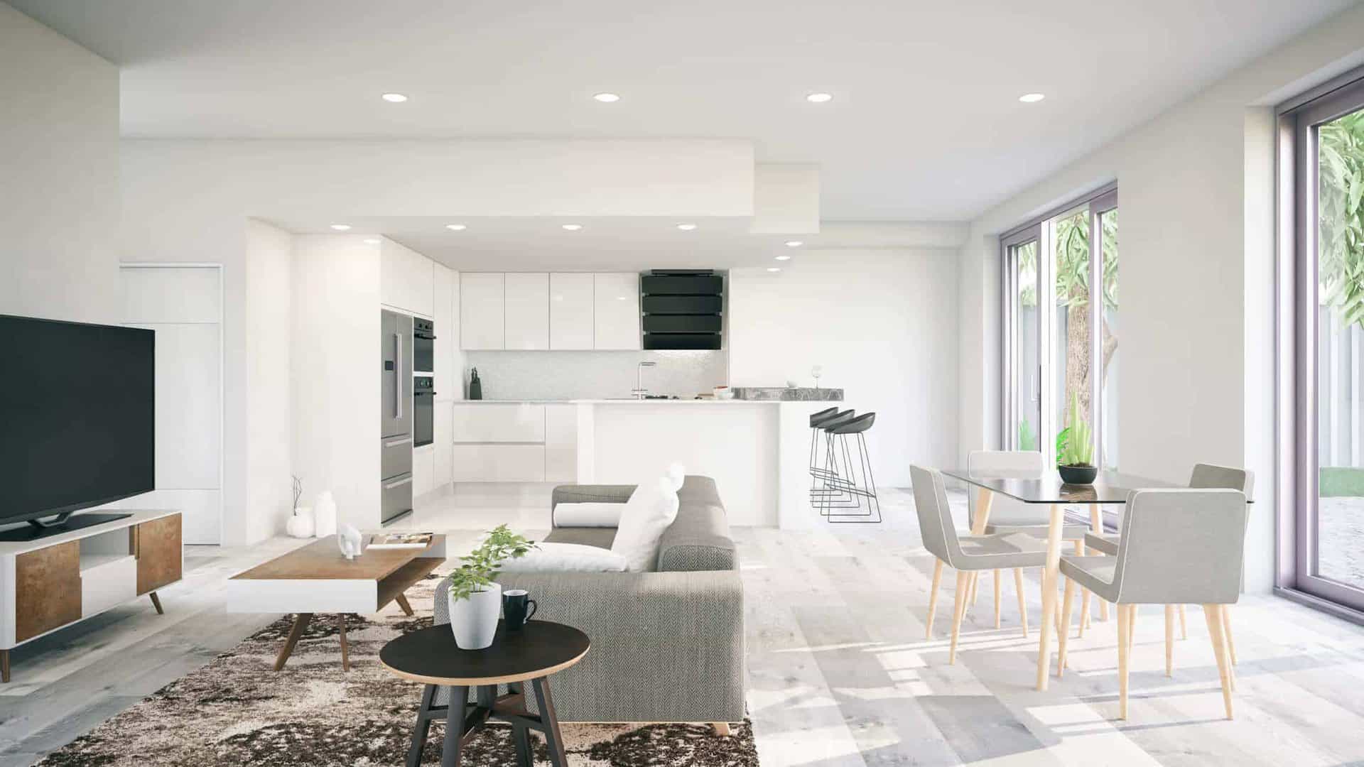 Modern living room with kitchen
