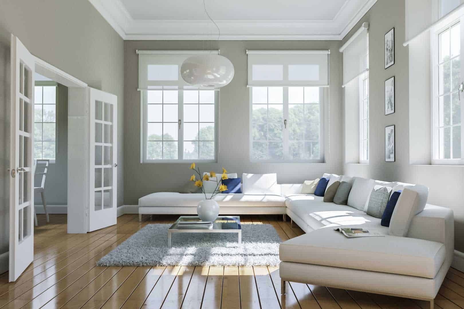 Bright Living Room with Hardwood Floors, White Furniture and Divided Lite Doors
