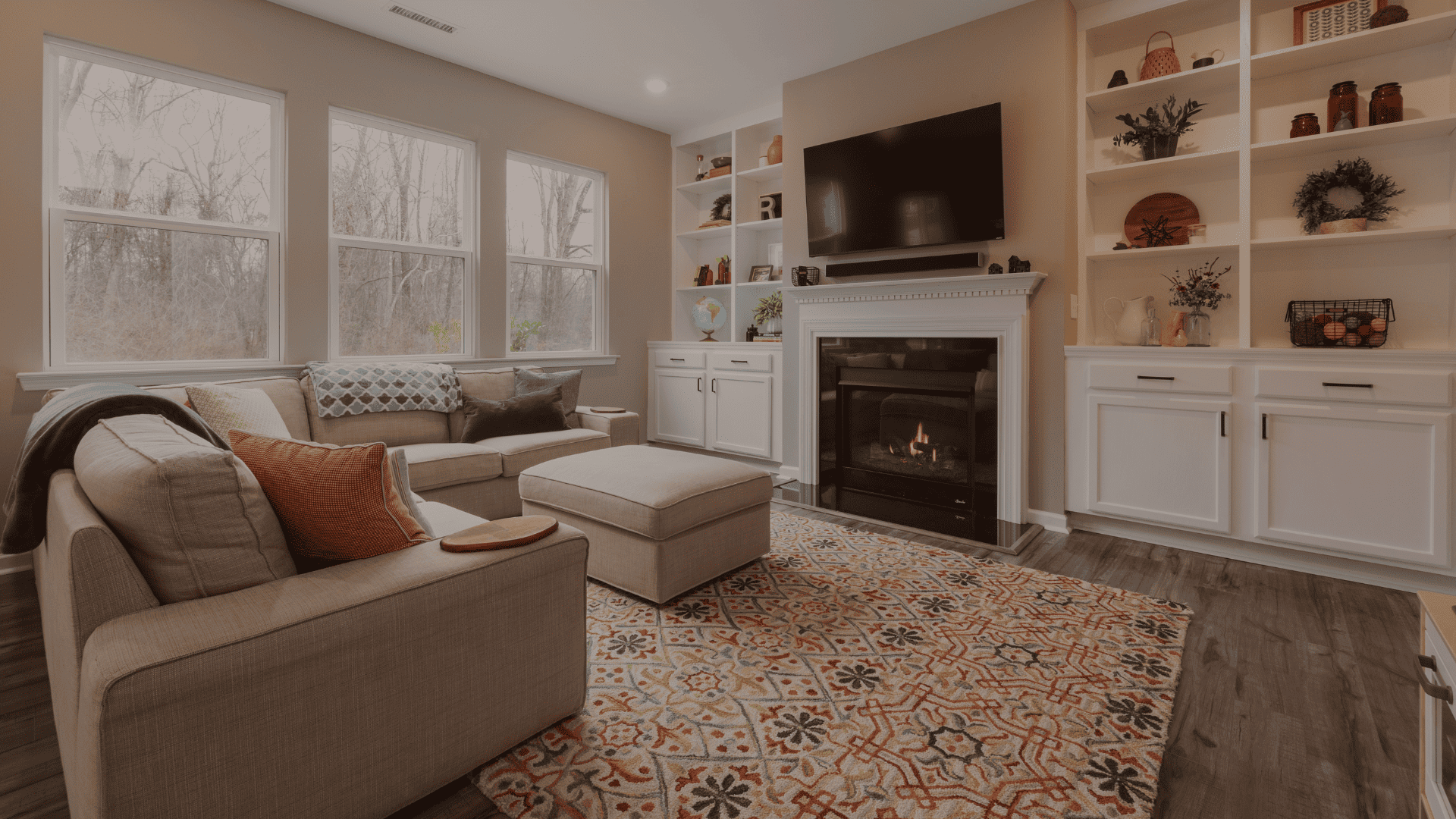 Vermont living room with sofa and fireplace