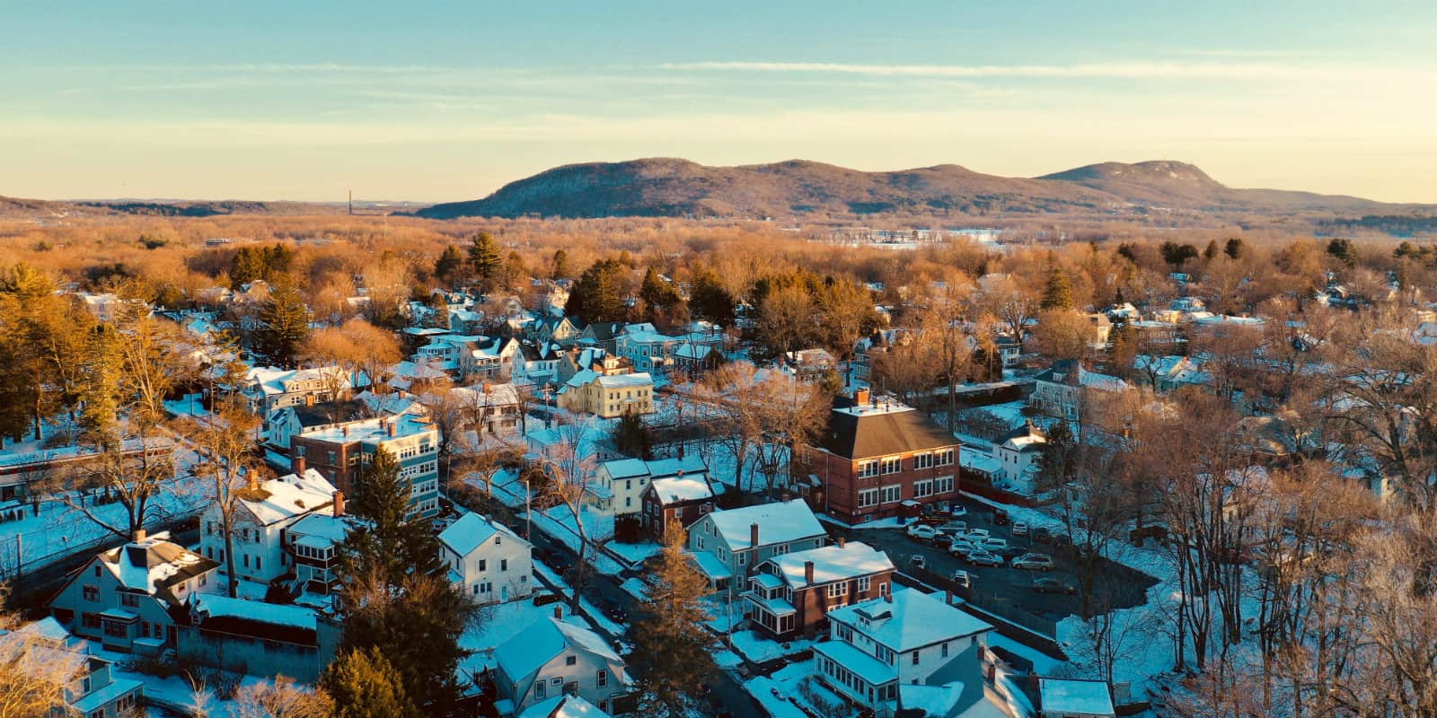 overhead view of houses in winter