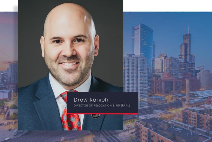 Headshot of Drew Ranich with city skyline background. 