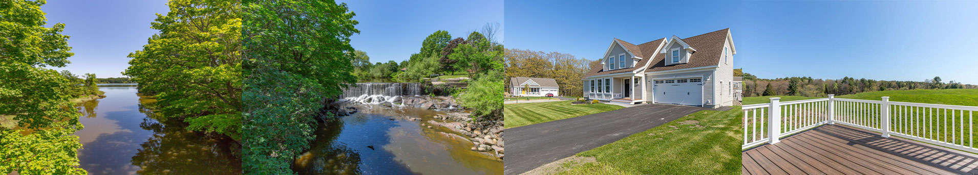 four photos. A river, waterfall, Stroudwater Preserve model rendering, back wood porch.