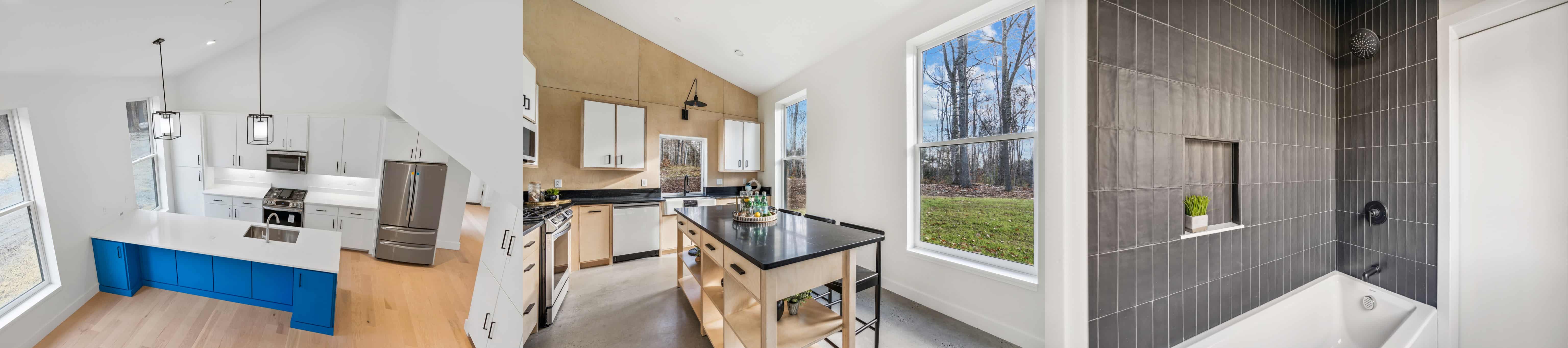 four photos entry, kitchen, living room, bedroom