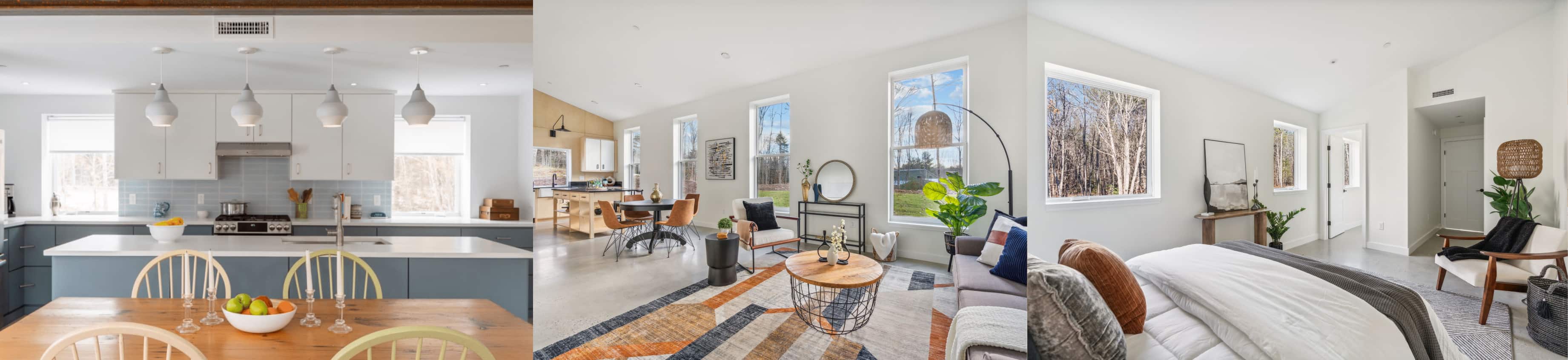 four photos. kitchen, living room, bedroom, office