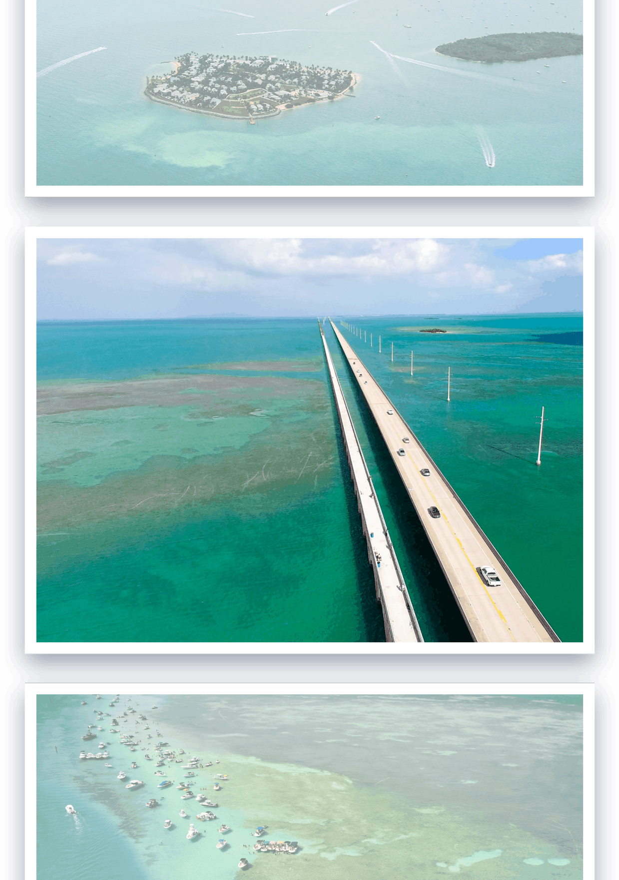 Photo strip of arial photography of the seven mile bridge in the Florida Keys