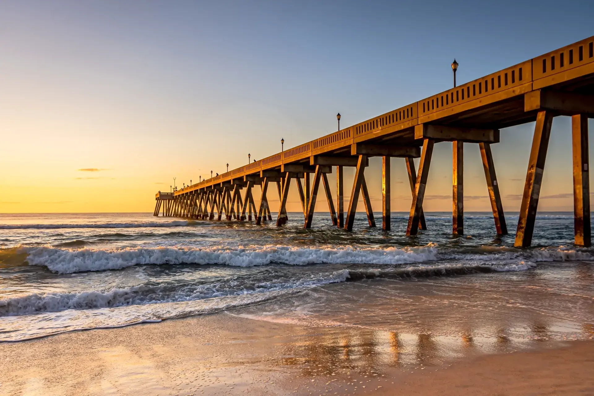 Johnnie Mercers Fishing Pier at sunrise in Wrightsville Beach east of Wilmington
