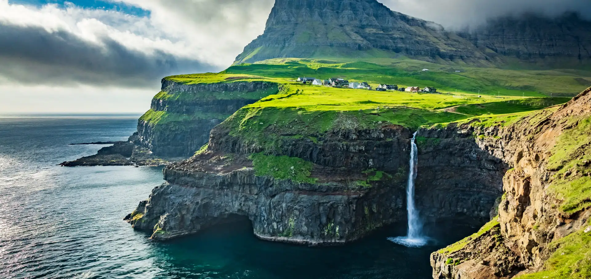 Mountain and Waterfall into the Ocean